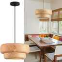 hualuosi Bamboo Lights Fixtures 14.2in Rattan Pendant Light Kitchen Island 2-Tier Wicker Hanging Lights Boho Dining Room Lighting Woven Chandelier for Bedroom Restaurants Reading Nook Foyer