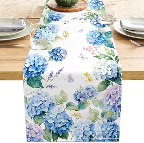 2 Pack Watercolor Hydrangea Table Runner Blue Butterfly Spring Summer Table Decorations Rustic Coffee Table Runners for Home Kitchen Dining Room Wedding Party 13x71 Inch (13x71 Inch, Hydrangea)