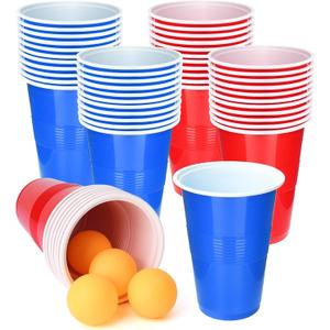 Cup Pong Game Set 24 Pcs 2 Oz Plastic Party Cups with 4 Pcs Ping Pong Balls for Christmas New Year Gift (Blue+Red) 7 Packs