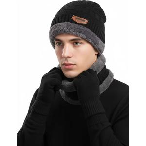 Winter Hat Scarf Gloves Set, 3-in-1 Knit Beanie with Fuzzy Lining, Touch Screen Mittens, Circle Scarf for Men Women (Black)