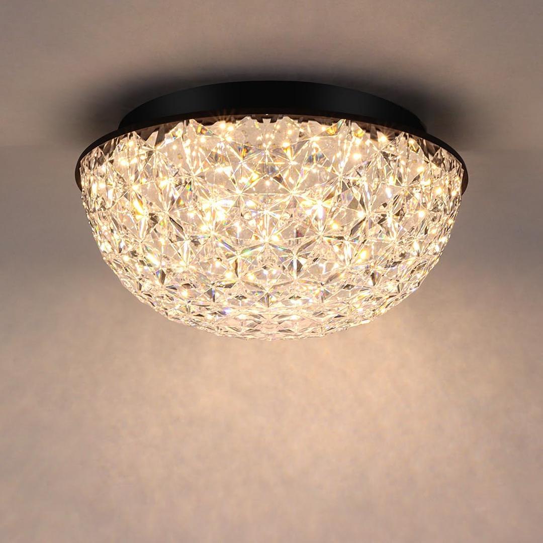 12 Modern Crystal Chandelier, LED Flush Mount Ceiling Light Fixture, 3/4/5000K Dimmable Ceiling Lamp for Dining Room, Entryway, Kitchen, Closet, Living Room, Bedroom, Hallway ETL Listed Black