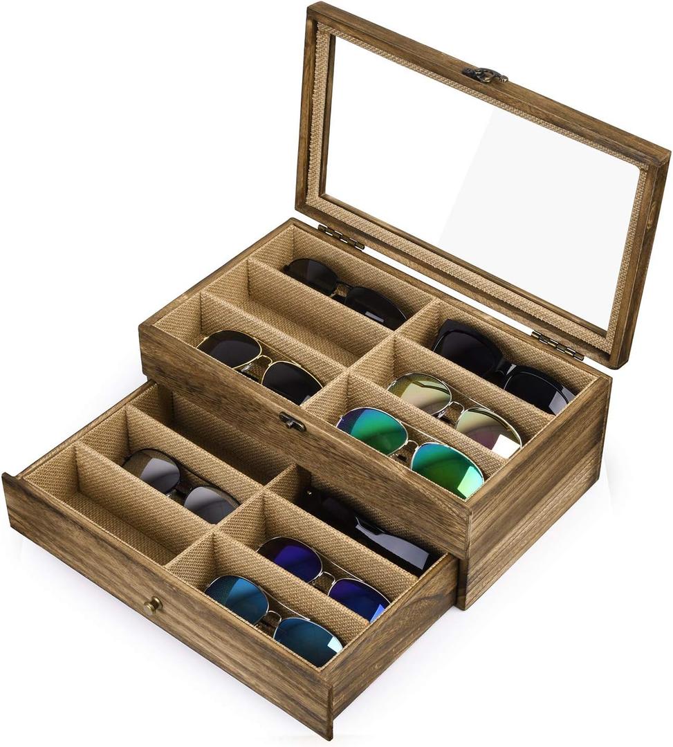 SRIWATANA Sunglasses Case Organizer for Women Men, 12 Slot Wood Eyeglass Eyewear Display Box with Glass Top, Gifts for Loved One, Carbonized Black