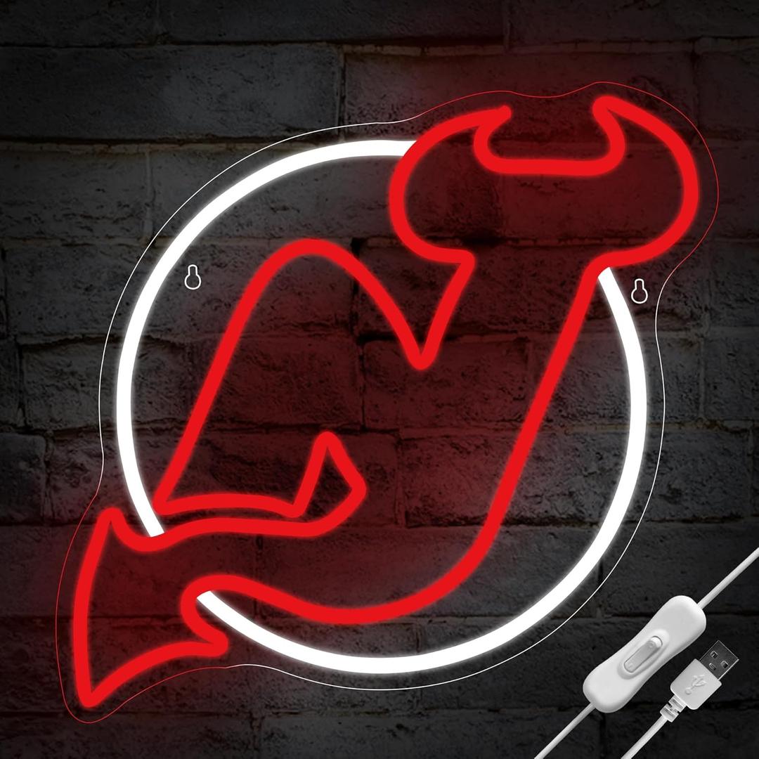 Ice Hockey Neon Sign for Wall Decor Sports LED Light Up Sign Hockey Wall Decor Sport Neon Lights for Club Bedroom Man Cave Bar Garage Sports Gifts for Men Teen Boys Fans,Size 14.6*14.2 inches(FMXD106) (J-Red&White)