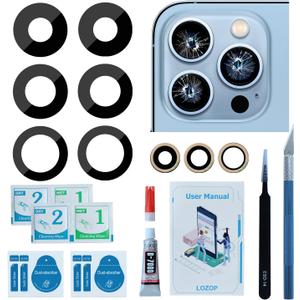 2 Sets Rear Camera Lens Glass Replacement with Adhesive Pre-Installed Compatible for iPhone 13 Pro / 13 Pro Max (3 Pieces/Set) with Repair Tools and Installation Manual