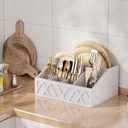 Wooden Paper Plate Caddy Organizer for Countertop, Rustic Paper Plate Dispenser and Holder, Silverware Utensil Caddy for Party with 6 Detachable Compartments for Plate, Cup, Fork, Spoon(White)