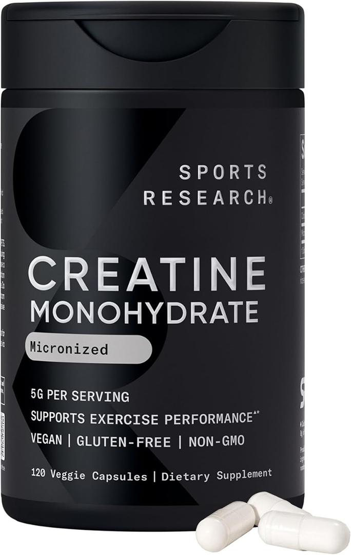 Sports Research® Creatine Monohydrate Capsules - Supports Workout Recovery, Lean Muscle gain, Performance and Strength* - Non-GMO, Vegan Certified - 5g per Servings - 30 Servings, Best By 10/2028