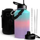 Rogashop 64 oz (Half Gallon) Gallon Water Bottle - Triple Walled Insulated Water Bottle Leak Proof Stainless Steel Water Bottles Water Bottle with Straw & Paracord Handle (Gradient - Multicolor)