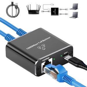 Gigabit Ethernet Splitter 1 to 2 High Speed(2 Devices Simultaneously Networking), 1000Mbps Internet Splitter 1 in 2 out, LAN Splitter with USB Power Cable, RJ45 Splitter for Cat5/5e/6/7/8 Cable