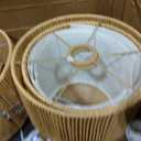 Gold Arc Floor Lamp for Living Room, Mid Century Floor Lamp with Stepless Dimmable Switch, Boho Standing Lamp with Wicker&Fabric Shade, Rattan Tall Lamp for Bedroom Over Couch Reading