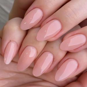GLAMERMAID Nude Pink Press On Nails Short Almond, Natural Pure Pink Handmade Soft Jelly Gel Fake Nails Tip, Neutral Glossy Round Oval Stick Glue on Nails Kit for Women, Reusable Acrylic False Nail Set