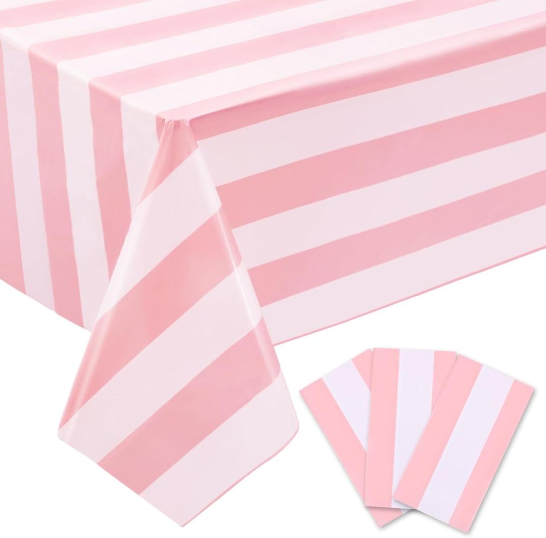 3 Packs Pink and White Striped Tablecloths 54 x 108 Inch Disposable Waterproof Plastic Table Covers Horizontal Pink Striped Tablecloths for Birthday Party Baby Shower Wedding Outdoor Picnic
