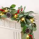 2 PCS 9ft Prelit Artificial Eucalyptus Christmas Garland, Multi-Color Lights/Battery Operated, Lighted Christmas Garland for Mantle Table Stairs Railing Xmas Indoor Outdoor Decoration
