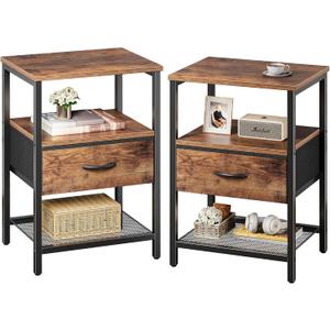 Huuger Nightstand Set of 2, Night Stand with Fabric Drawer, Mesh Shelf, Side Table with Storage, Fabric Drawer Dresser, Open Shelf, Metal Frame, Bedroom, Rustic Brown