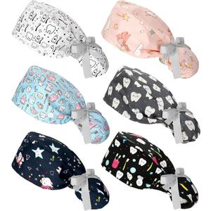 Honoson 6 Pcs Dental Scrub Caps Women Dentist Nursing Hats Adjustable Bouffant Nurse Hats Ponytail Turban Caps
