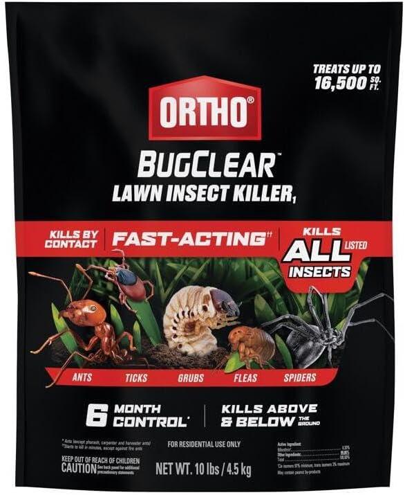 Ortho BugClear Lawn Insect Killer1  Kills Ants, Spiders, Ticks, Fleas, Armyworms & Grubs, 10 lb Granules Treats Up to 16,500 sq. ft.