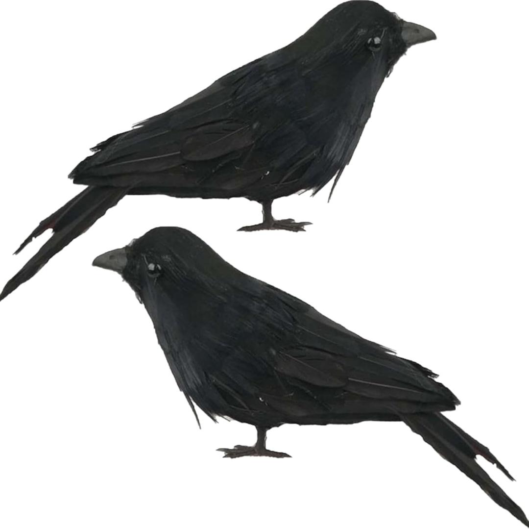 Fashionwu Realistic Crows Halloween Handmade Crow Prop Feathered Black Raven Scene Birds Decoration - 2pcs, 6.3in