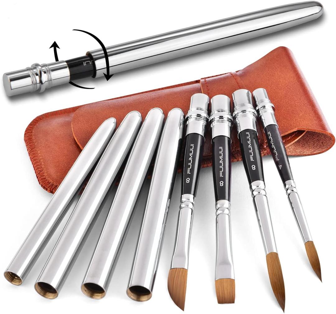 Sable Travel Watercolor Brushes, Fuumuui 4pcs Kolinsky Sable Watercolor Travel Brushes with Leather Pouch - Fine Point Rounds Dagger Flat for Watercolor Gouache Ink Painting