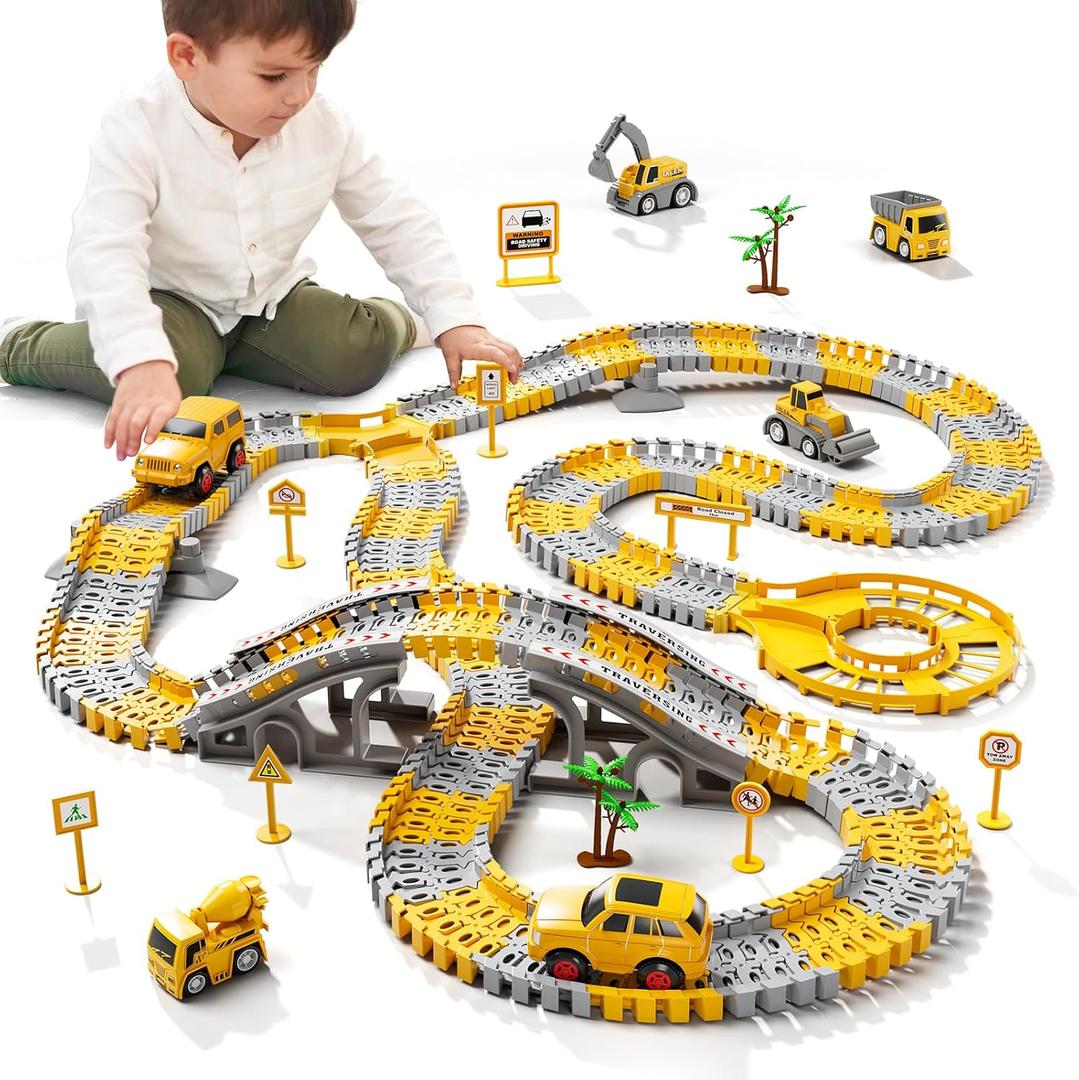 iHaHa Toddlers Construction Race Tracks Toys Gifts for 3 4 5 6 Years Old Boys Kids, 2PCS Electric Race Cars & 4 Pcs Construction Trucks, Birthday Gift Toys for Boys 2 3 4 5 6+