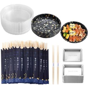 Disposable Dinnerware Set for 25pcs Sushi Trays Containers with Lids 9.8 x 2.4 Inch Disposable Sushi Take Out Boxes, 50 Pairs Japanese Bamboo Chopsticks, 100pcs Soy Sauce Dishes