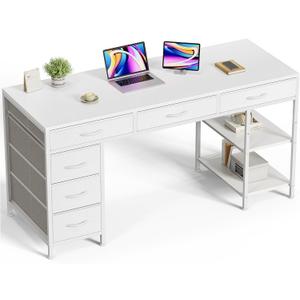 Huuger Computer Desk with 6 Drawers, Office Desk with Shelves, Reversible Gaming Desk, Corner Desk with Storage, Work for Home Office, Study, Living Room, 54inch, White