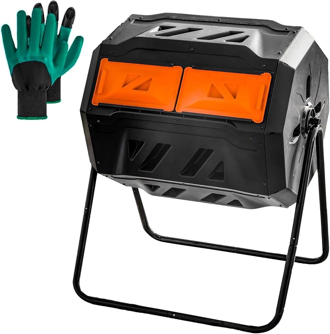 Hourleey Compost Bin Outdoor, 43 Gallon Dual Chamber Tumbling Composting Bin with Sliding Doors, Tumbler Rotating Batch Composter Bin for Garden Kitchen Yard (Orange)