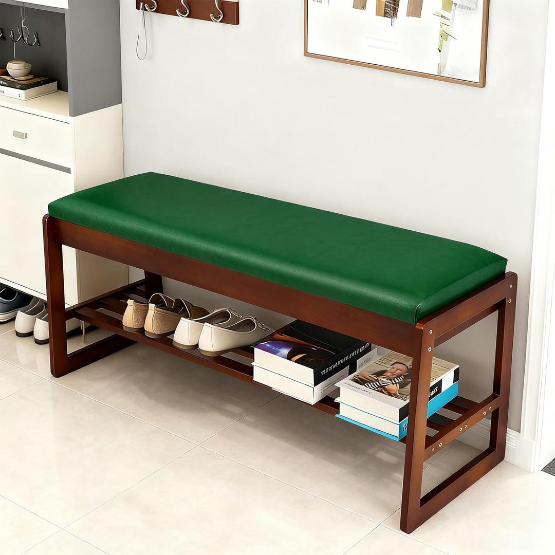 FAHKNS Shoe Bench with Leather Cushion 2 Tiers Shoe Rack 39.4" Rubberwood Shoe Organizer for Hallway, Living Room, Bedroom, Closet