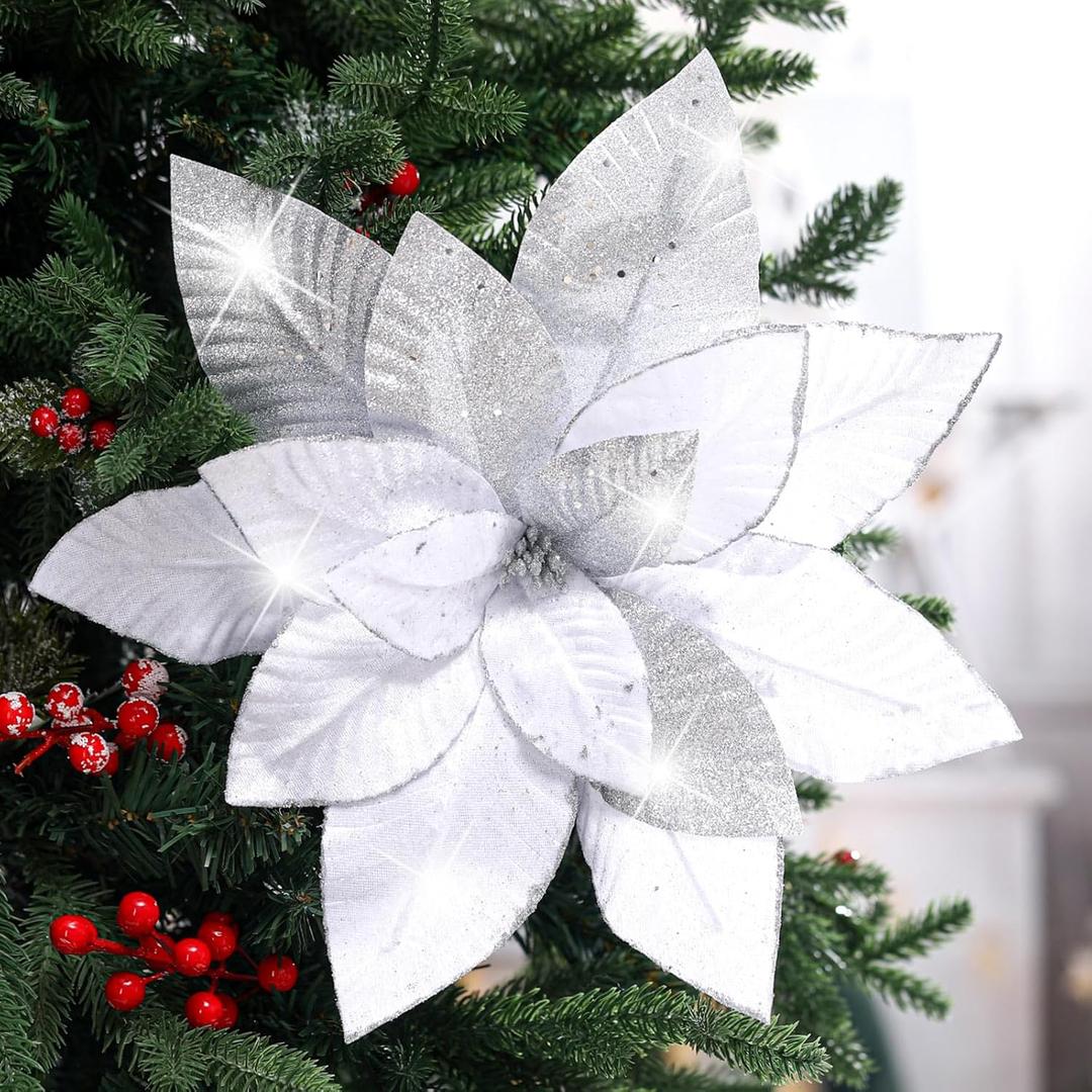 Cinnvoice 4 Pcs 16'' Silver Poinsettia Flowers Christmas Artificial Extra Large Velvet Christmas Flowers Glitter Poinsettias Flower Picks Ornaments Floral Stems for Xmas Tree Decoration Wreath Garland