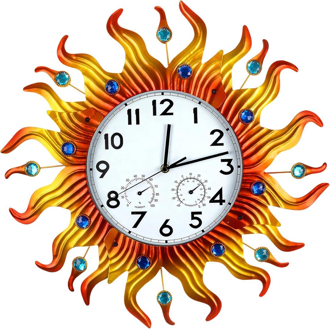 20 Inch Large Outdoor Clock with Thermometer and Hygrometer Combo, Silent Non-Ticking Sun Outdoor Wall Clock, Outdoor Clocks Waterproof for Patio, Garden, Kitchen, Living Room