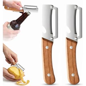 Multifunctional Vegetable Peeler, Stainless Steel Peeler with Wooden Handle, Kitchen Tool with Bottle Opener, Peeler for Potatoes, Carrots, Garlic, Fruit, and More (2Pcs)