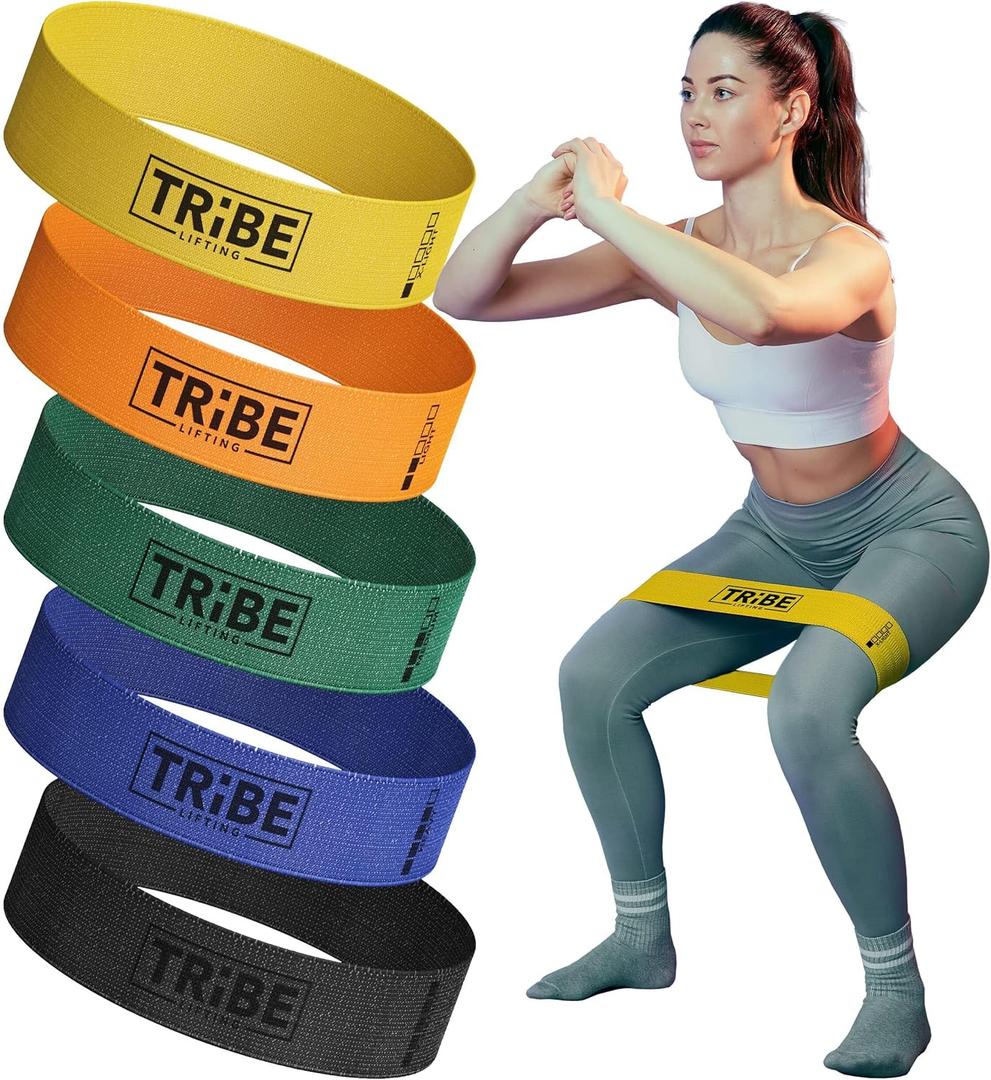 Tribe Lifting Fabric Resistance Bands for Glutes & Legs | 5 Fabric Workout Bands Set | Thick Booty Bands for Squats, Lunges, Hip Training, Physical Therapy & Home Workouts (Multicolor)