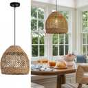 Boho Rattan Pendant Lights 13.8IN Farmhouse Dining Room Light Fixtures Hand-Woven Seagrass Chandelier Coastal Wicker Hanging Lighting for Kitchen Island Entry Living Room Bedroom Foyer Restaurant