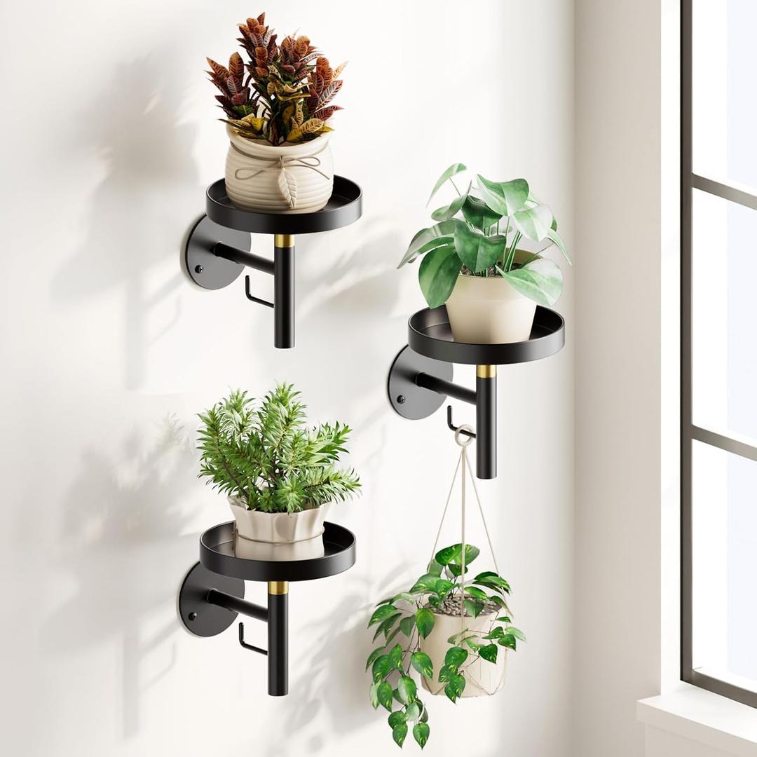 DELLAN Wall Plant Holder, 3 Pack Metal Wall Planters Stand Hanging Shelves for Indoor Plants, Window Sill Plant Decor for Bedroom, Bathroom, Living Room, Home, Office, BlackGold