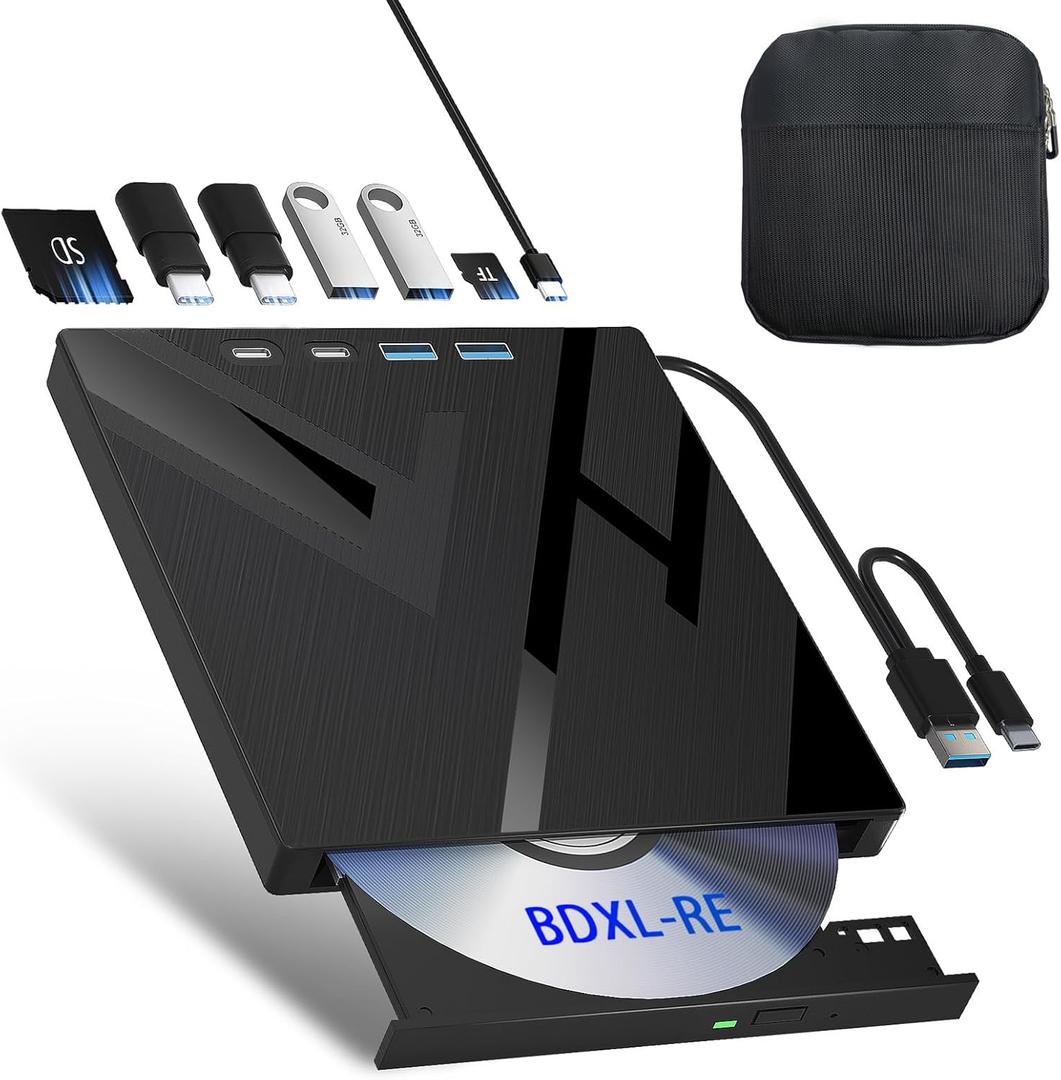 7 in 1 External Blu Ray Drive, External Blueray/DVD Drive for PC with SD/TF Port Blu Ray Burner, Support 100G Disc External Blu Ray Drive for Windows Linux MacOS Laptop Desktop(with Carring Case)