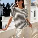 Aprolive Short Sleeve Sweater for Women Striped Knit Pullover Top with Chest Pocket Loose Fit T Shirt for Summer Business Casual Work(1-Apricot Grey, Medium)
