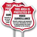 Video Surveillance This Area Is Protected By Video Surveillance Security Cameras And Equipment Are In Use (2 Pack) 12 inch X 12 inch Shield Shaped Plastic Signs with Aluminum Mounting Stakes