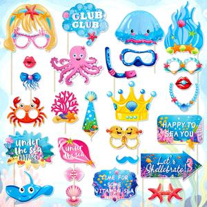 Under The Sea Party Photo Booth Props with Stick Ocean Animal Photo Booth | Ocean Animal Birthday Elfie Photo Booth DIY Props Summer Beach Birthday Party Favors Baby Shower Photography Decorations