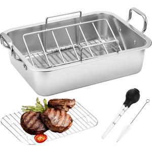 15 Inch Stainless Steel Roasting Pan with V-Shaped Rack and Turkey Baster - Rectangular Roaster for Turkey, Chicken, Vegetables - Fits 20lb Turkey