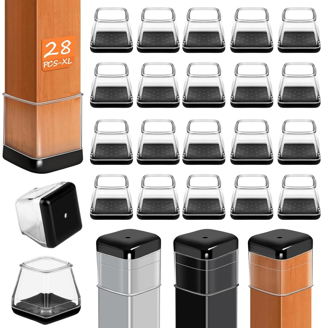 28 Pcs Chair Leg Sliders for Carpet Rug, Square Chair Glides, Silicone Furniture Leg Protectors Caps Kitchen Table Feet Covers with Plastic Pads, No Scratches (Fit:1-1/2"~1-3/4", Clear) (Square XL (1.50"-1.77"))