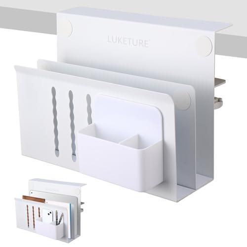 LUKETURE Desk Side Storage, 2 Tier Steel Side Desk Organizer, No Drill Laptop Holder, Clamp on Laptop Mount with Pen Holder, Fits Flat Edge Tables 0.3" to 2.8" (White, L(2 Tier))