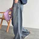 WDIRARA Women's Wrap Asymmetrical Waist Baggy Jeans Straight Leg Denim Pants (Blue, S)