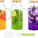 3 Pcs Glass Pitcher with Handle and Bamboo Lid, 68 oz Beverage Carafe Iced Tea Pitchers for Fridge Hot and Cold Water, Coffee Juice and Homemade Drinks