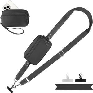 YFWE Clip and Go Strap for Phone with Wallet Crossbody, Adjustable Phone Lanyard with Detachable RFID Wristlet Wallet, Black (L)