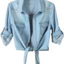 Omoone Women's 3/4 Sleeve Modern Denim Crop Top Tie Knot Shirt Cardigan (X-Large, Light Blue)