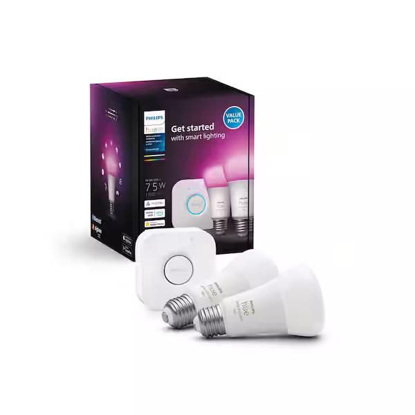 Philips Hue
75-Watt Equivalent A19 Smart LED Color Changing Light Bulb with Bluetooth and Smart Bridge (2-Pack)