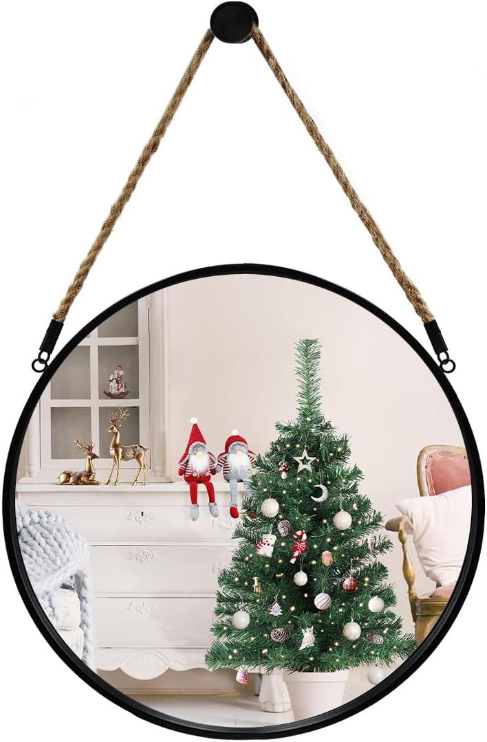 POZINO Round Mirror, 15" Rope Hanging Mirror, Farmhouse Circle Mirrors, Black Metal Frame Wall Mirrors for Bathroom, Bedroom, Living Room, Entryway, Fireplace, Home Decor