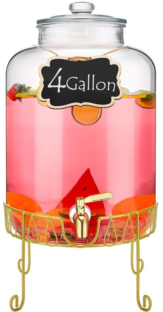Drink Dispensers for Parties 4 Gallon Beverage Dispenser with Stand and Stainless Steel Spigot Drink Containers for Parties Jugs for Drinks Pitcher Tea Jar for Parties Lemonade Juice, Gold