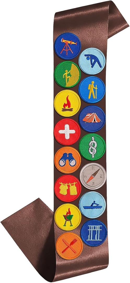 15PCS Embroidered Scout Badge Patches with Brown Satin Sash, Self-Adhesvie& Iron-on Design Patches, Halloween Scout Costume Accessories
