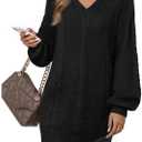 Women's Pullovers Jumper Sweaters Lantern Sleeve Casual V Neck Fall Knit Mini Sweater Dresses Vafoly Size S