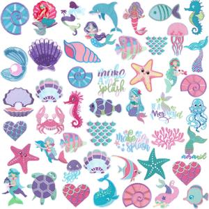 Tigeen 48 Pcs Mermaid Chenille Embroidered Patches Beach Iron on Patches Bulk Seashell Fish Starfish Dolphin Seahorse Jellyfish for Hats Clothes Sew on Applique DIY Accessory for Backpack Pants Jeans