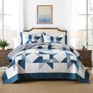 Cotton Quilt Bedding Sets 3 Pieces Soft Reversible Coverlets Luxury Star Real Patchwork Bedspread, Blue White, Queen Size